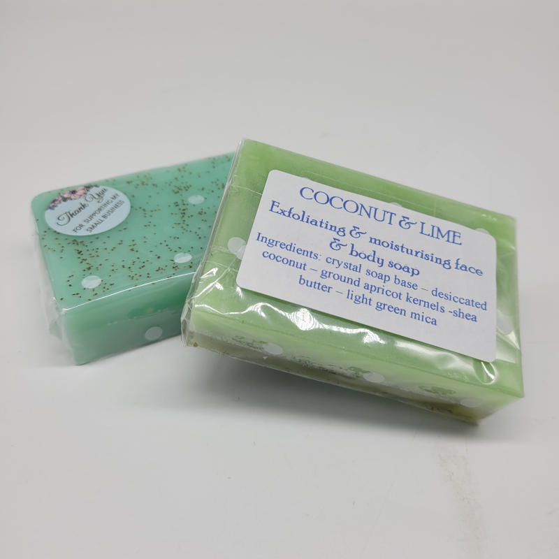 Handmade Coconut & Lime Exfoliating Face & Body Bar Luxurious and with the lovely combined scents of coconut and lime designed for the face or body. There is desiccated coconut and ground apricot kernels for exfoliation and shea butter for that extra moisture hit. Handmade and hand gift-wrapped with environmentally friendly packaging. Ingredients: crystal soap base – desiccated coconut – ground apricot kernels -shea butter – light green mica Weight approximately 110g Measures 8cm x 5.5cm x 2cm